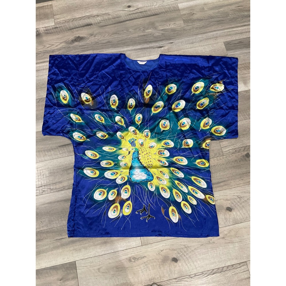 Meiyesida Royal Blue Peacock Graphic‎ Satin Kaftan Kimono Top Oversized OS